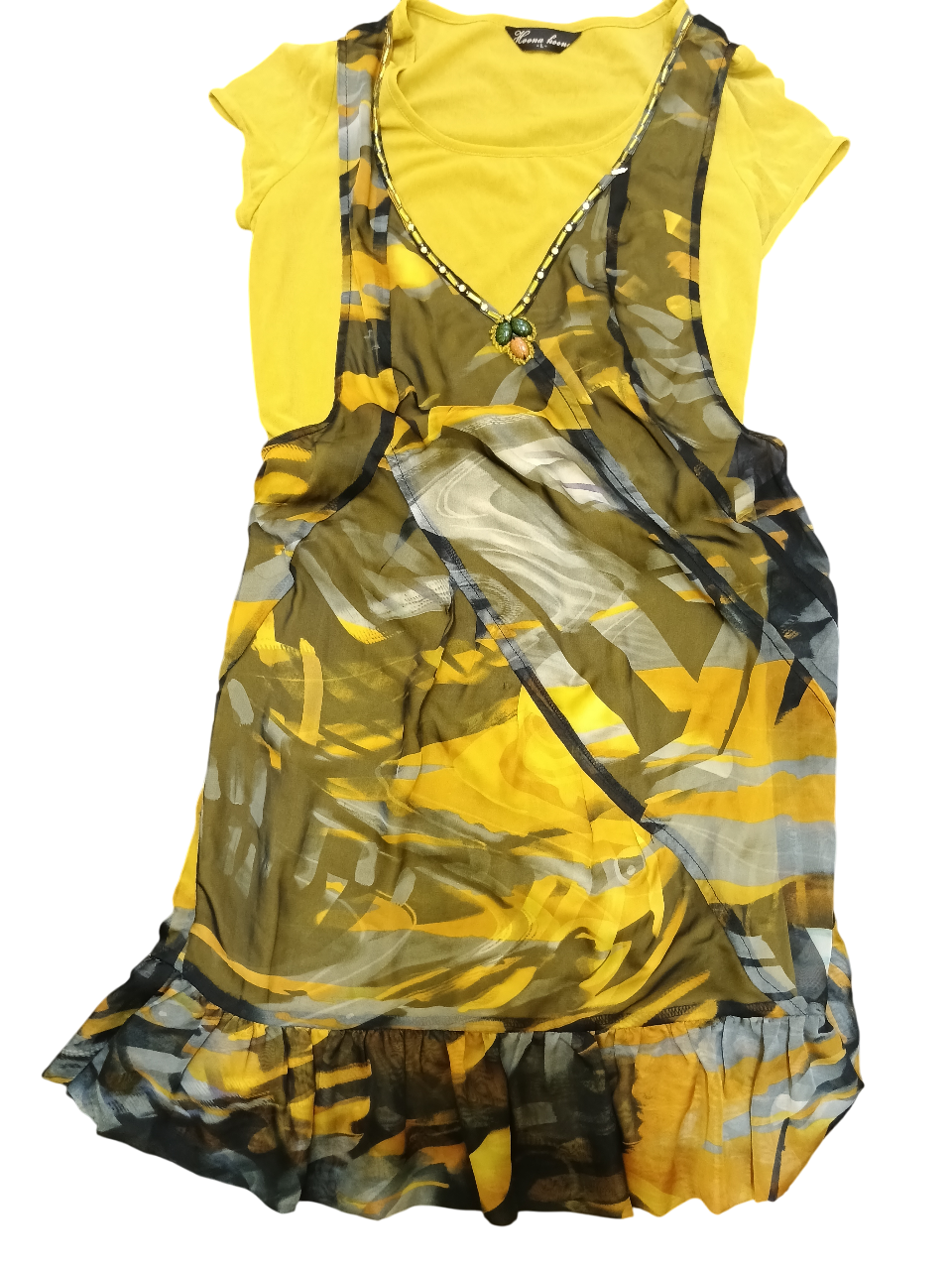 Bright Yellow Plant-Themed Dress Size L
