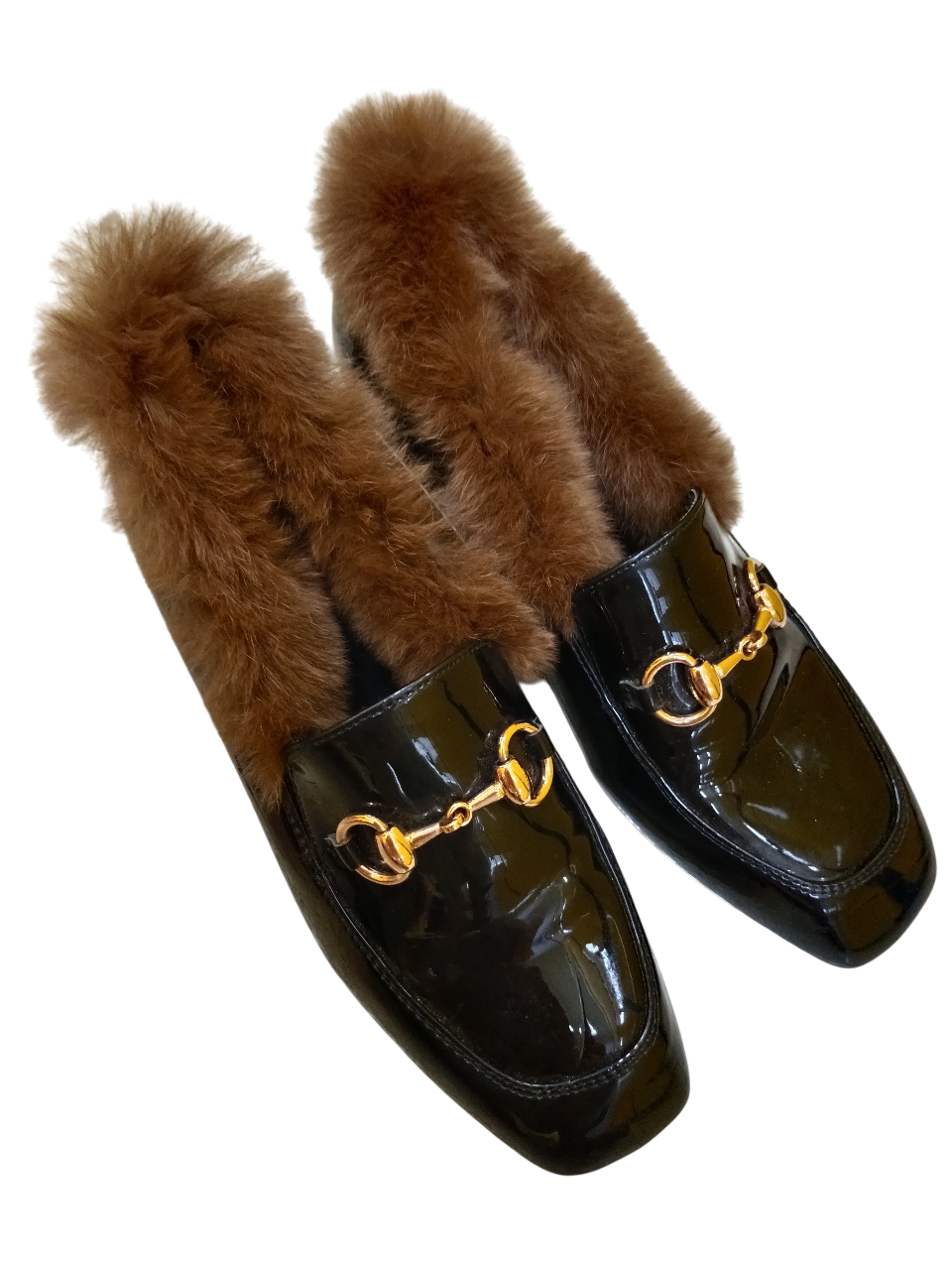 Black Patent Fur-Lined Loafers with Gold Bit Detail