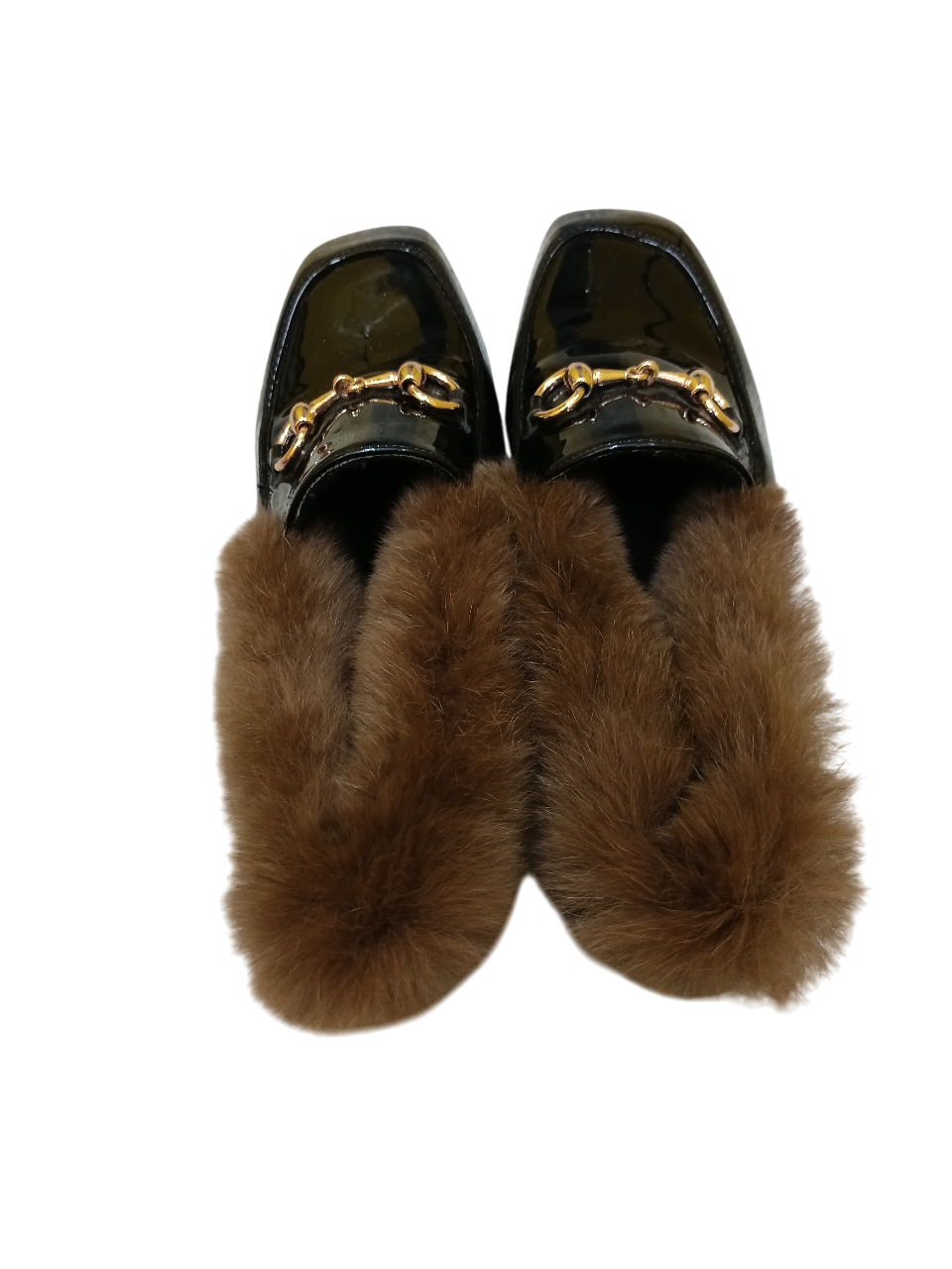 Black Patent Fur-Lined Loafers with Gold Bit Detail