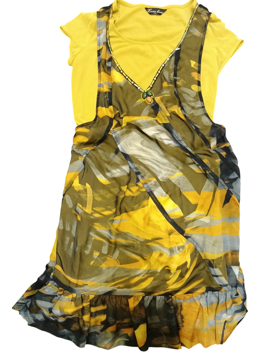 Bright Yellow Plant-Themed Dress Size L