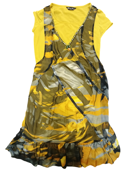 Bright Yellow Plant-Themed Dress Size L