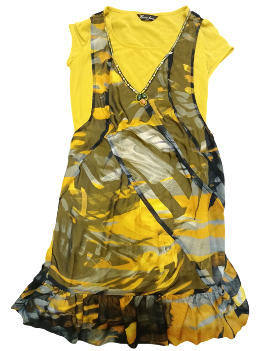 Bright Yellow Plant-Themed Dress Size L