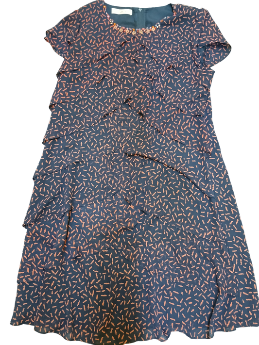 Navy Ruffle Chiffon Dress with Beaded Collar