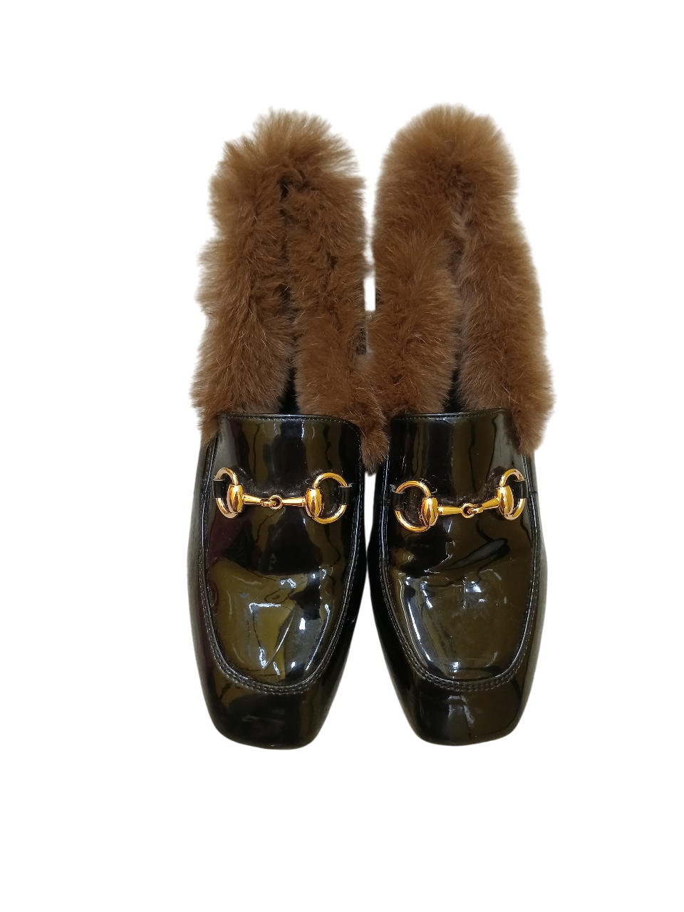 Black Patent Fur-Lined Loafers with Gold Bit Detail