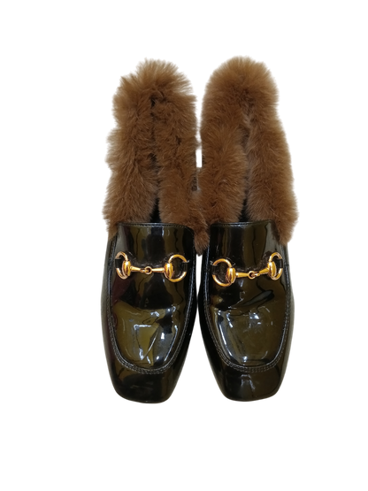 Black Patent Fur-Lined Loafers with Gold Bit Detail