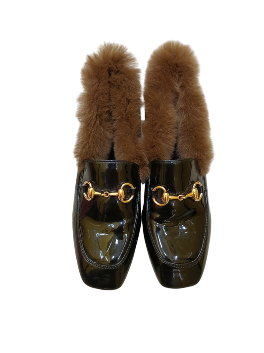 Black Patent Fur-Lined Loafers with Gold Bit Detail