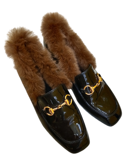 Black Patent Fur-Lined Loafers with Gold Bit Detail