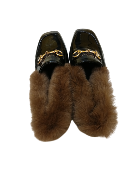 Black Patent Fur-Lined Loafers with Gold Bit Detail